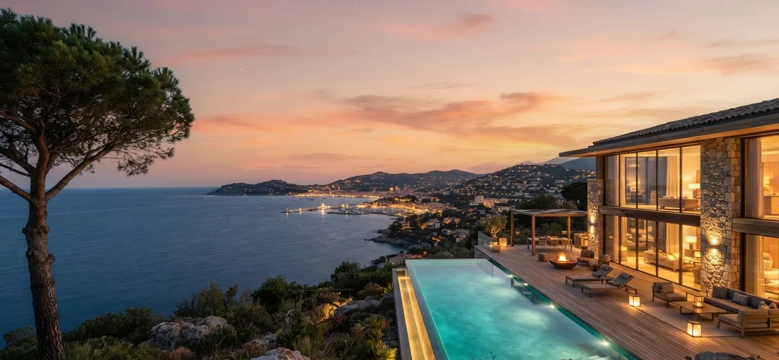 Villa contemporaine en pierre au crépuscule, avec piscine à débordement surplombant la Méditerranée et une ville côtière, sous un ciel rose