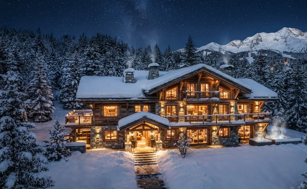 Chalet alpin illuminé à la tombée de la nuit, toit et sapins enneigés, sommets en arrière-plan