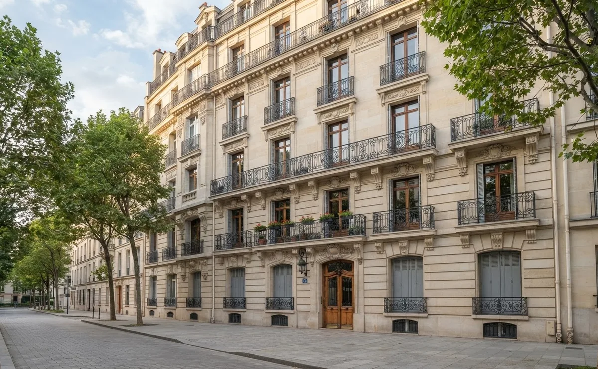 Élégante façade haussmannienne en pierre de taille sur une rue arborée et calme, aux balcons en ferronnerie