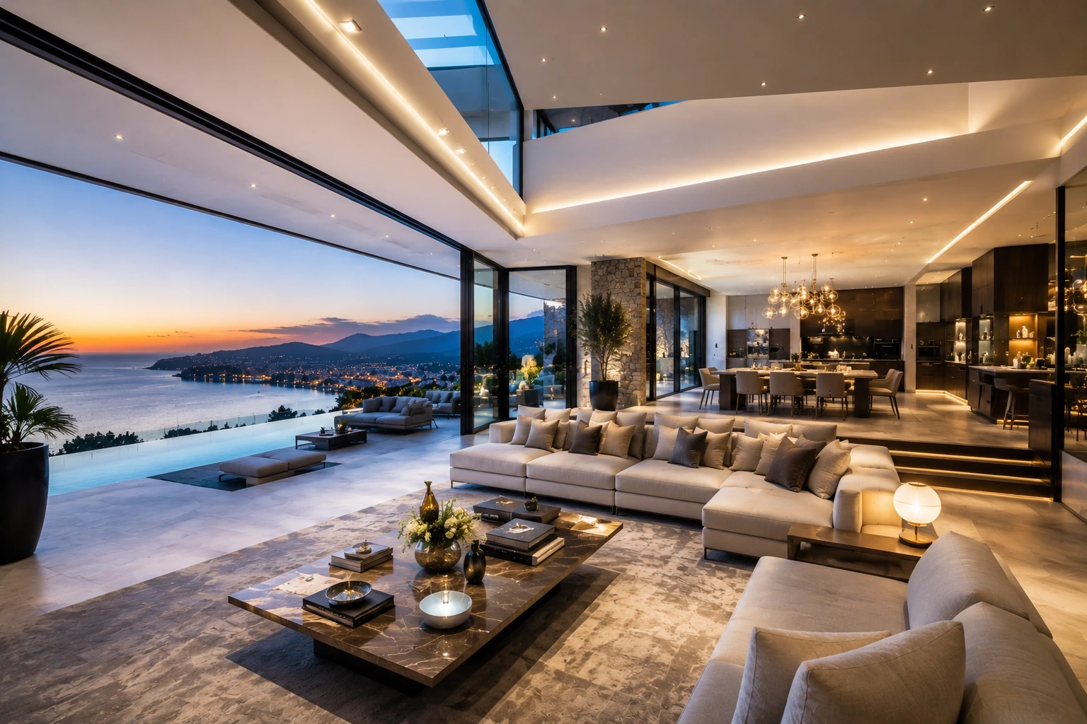 Villa de luxe contemporaine avec piscine au coucher du soleil