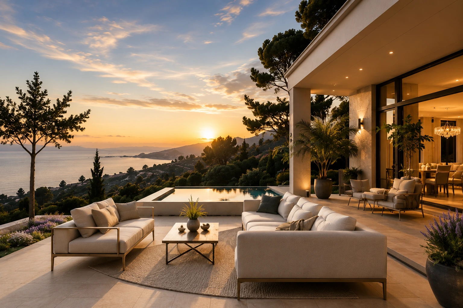 Terrasse d'une villa d'exception face à la mer au crépuscule
